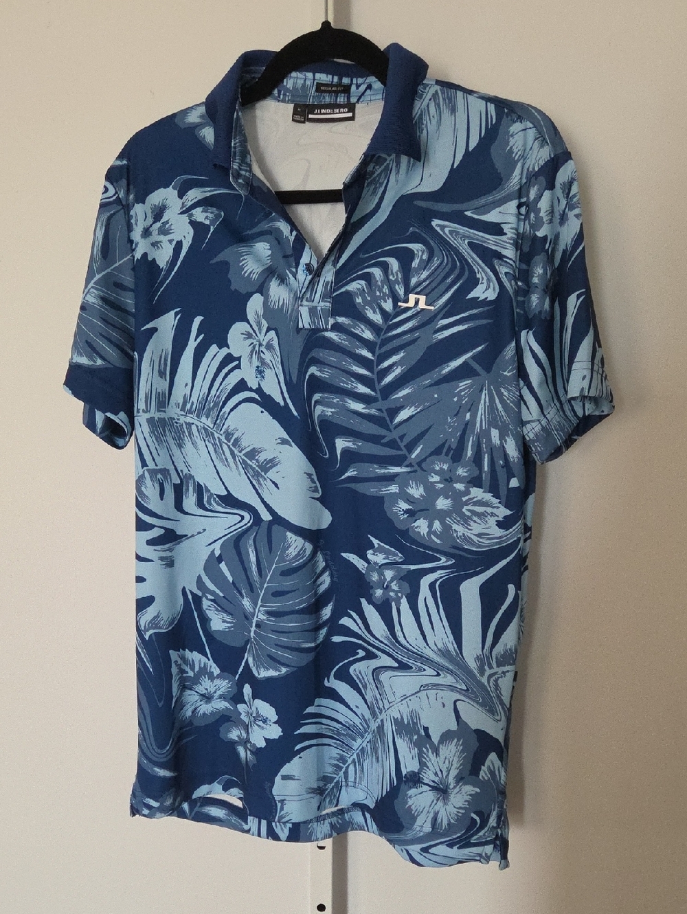 J.Lindeberg KV Regular Fit Golf Polo - Blue Tropical Floral - Big Bridge Logo